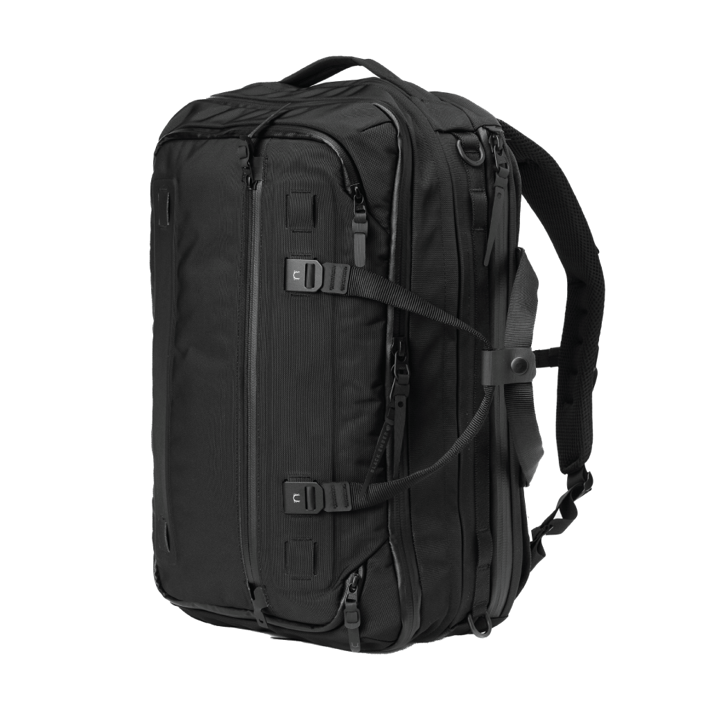 Black Ember FORGE 40L expandable travel backpack in black, designed for versatility and style.