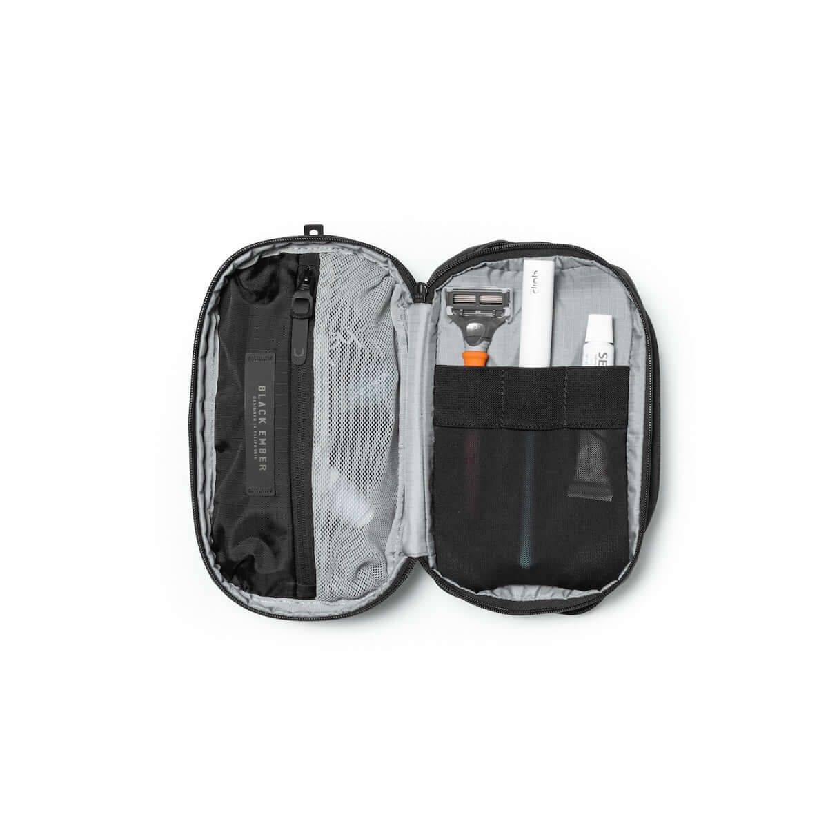 Black Ember Dopp Kit for travel, durable and stylish toiletry bag ideal for organized packing.