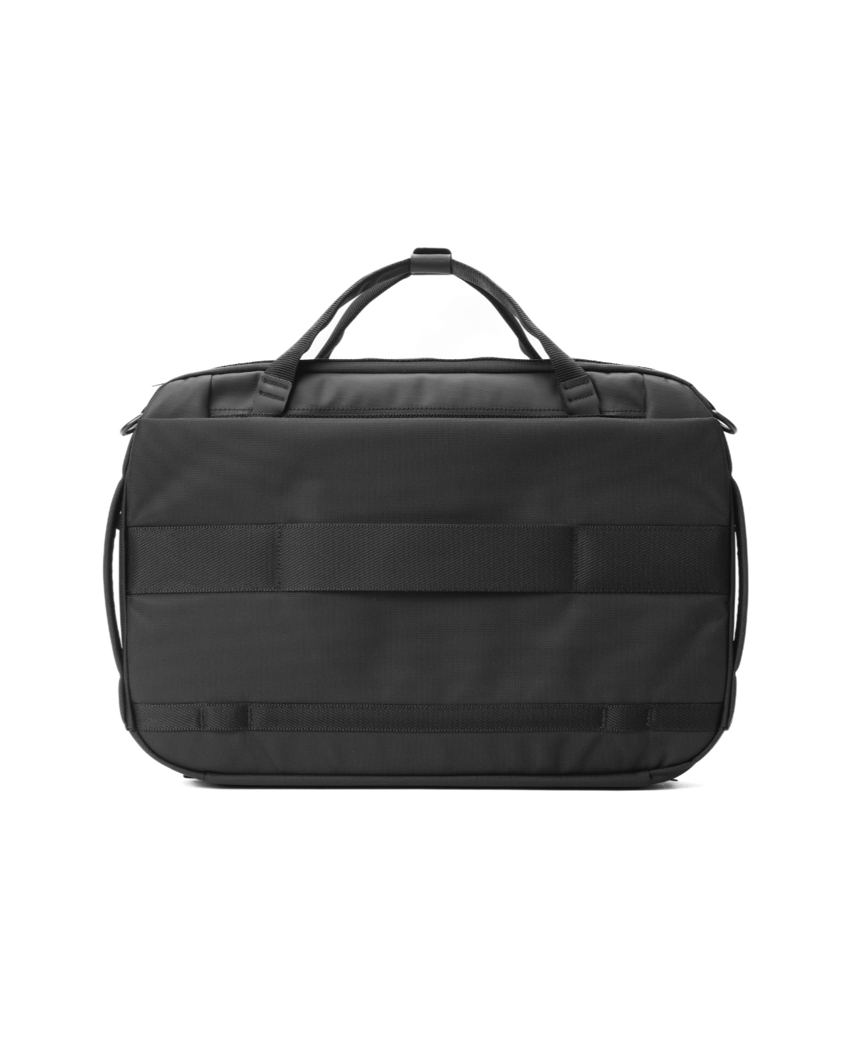 Black Ember FORGE SB 20L Minimalist Soft Brief in black, shown from the back with durable handles and horizontal strap for luggage compatibility.