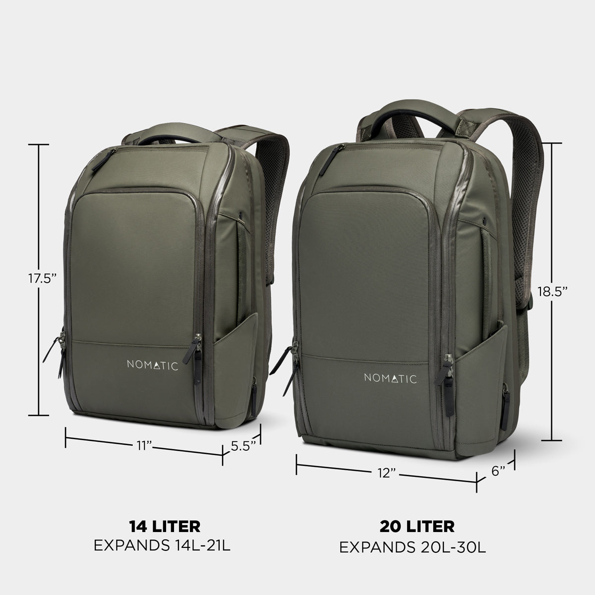 Nomatic Travel Pack in olive green shown in 14L and 20L sizes, both expandable with weather-resistant fabric and organized compartments.