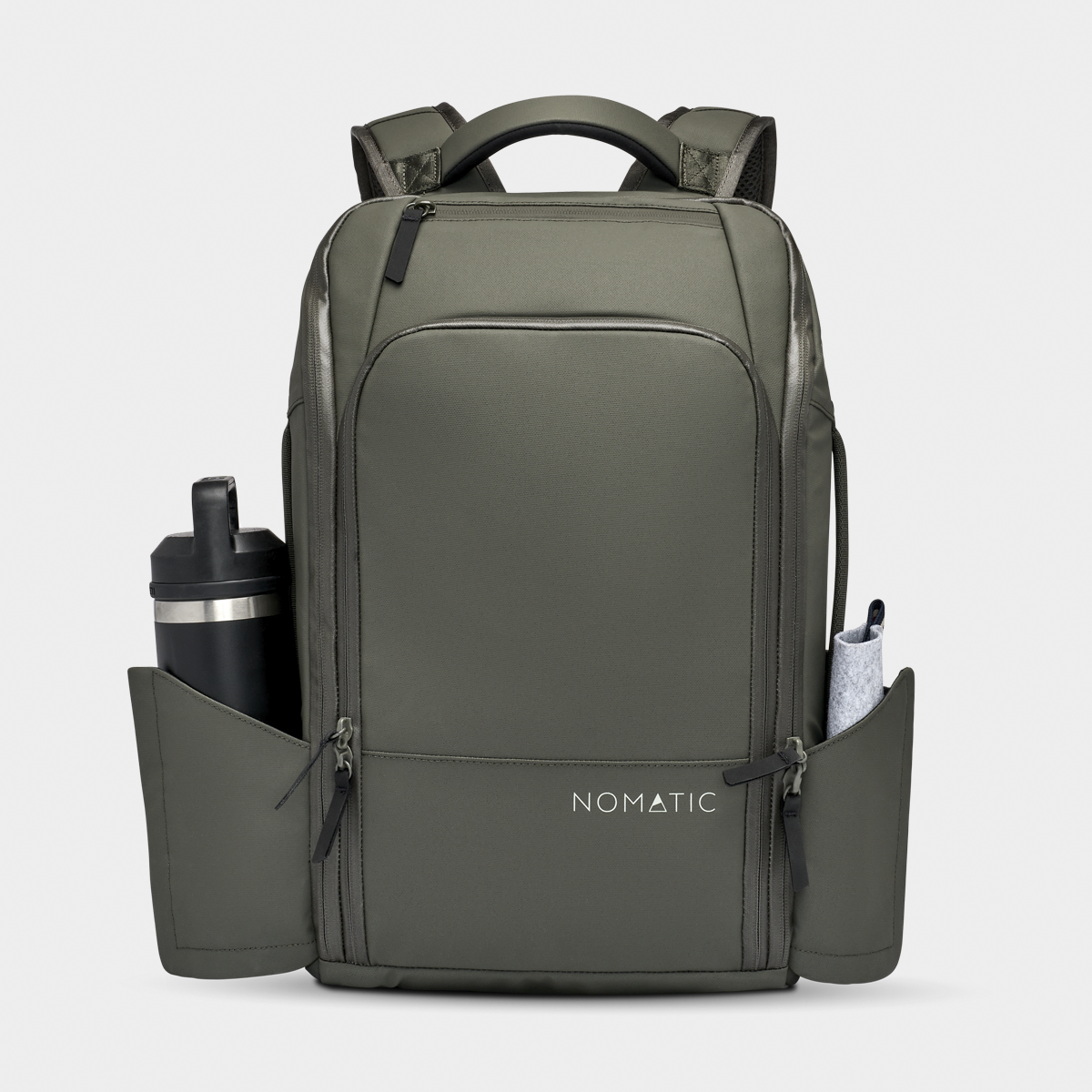 Nomatic Travel Pack backpack in olive green with expandable compartments, side pockets for water bottle and umbrella, ideal for travel organization.