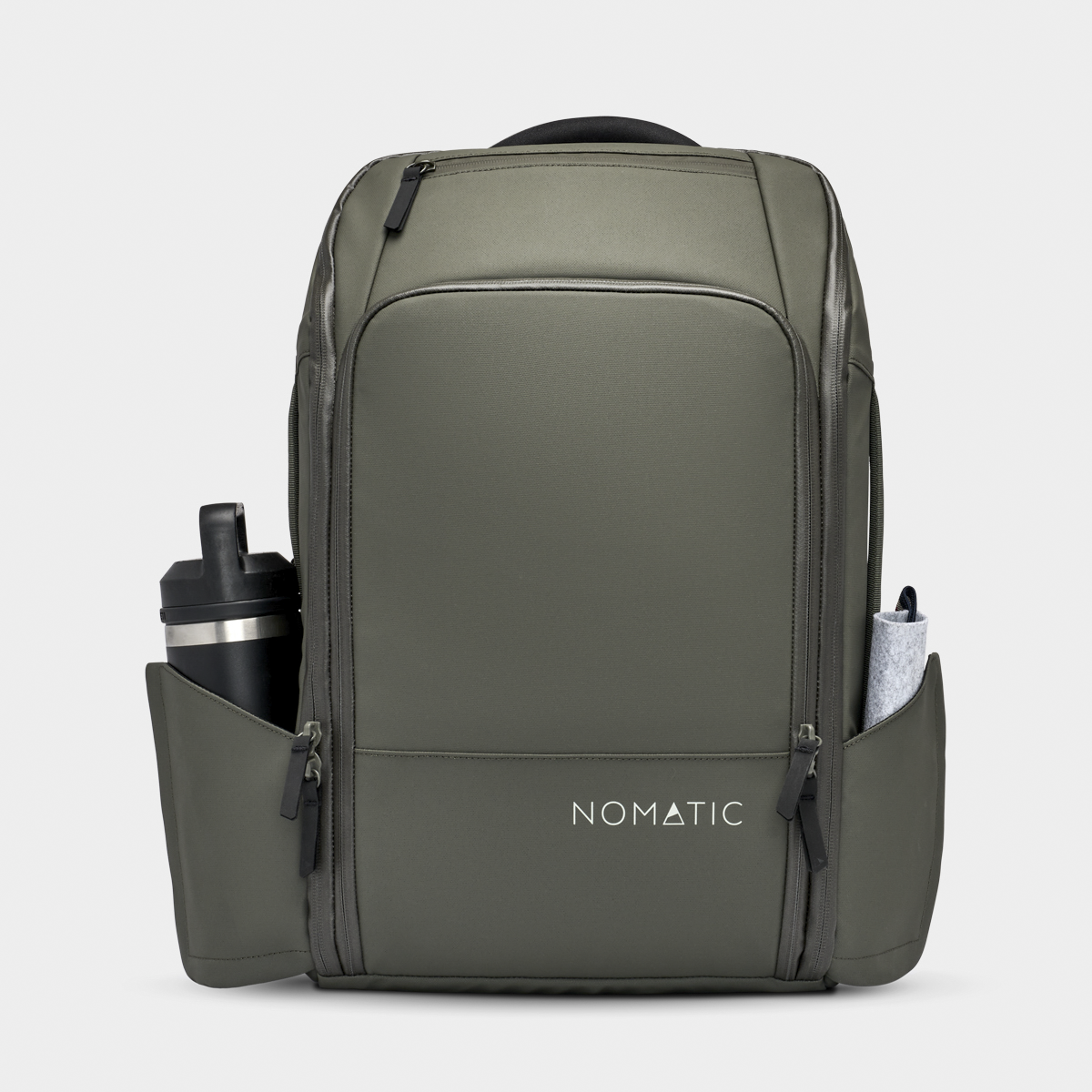 Nomatic Travel Pack backpack in olive green with expandable compartments, side pockets for water bottles, and weather-resistant fabric.