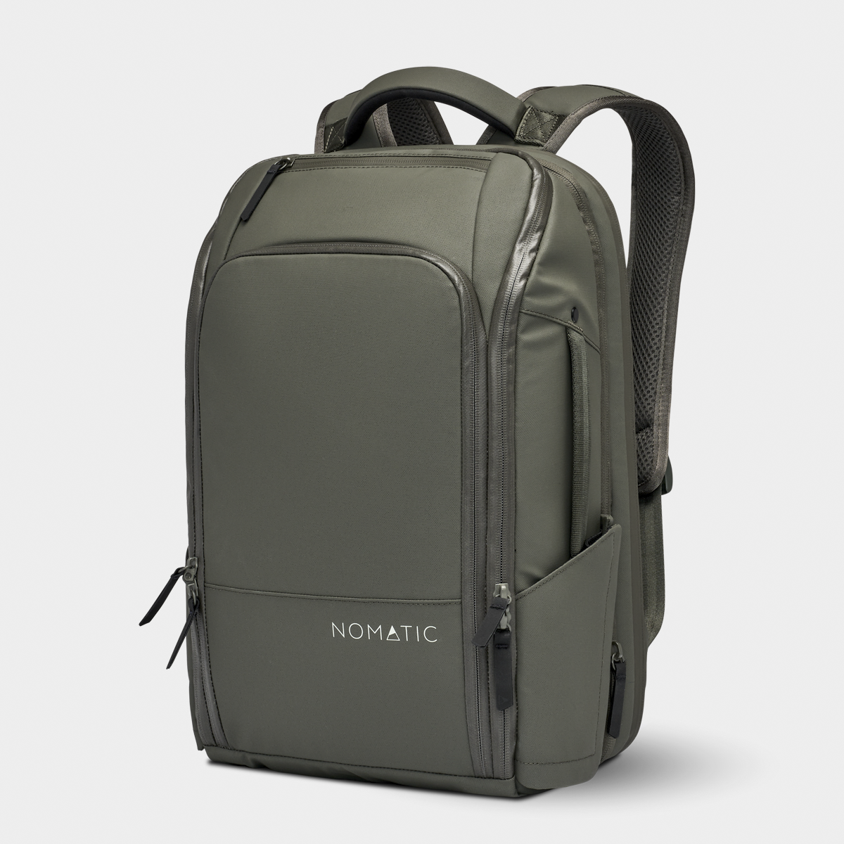 Green backpack with 'NOMATIC' branding on a light gray background